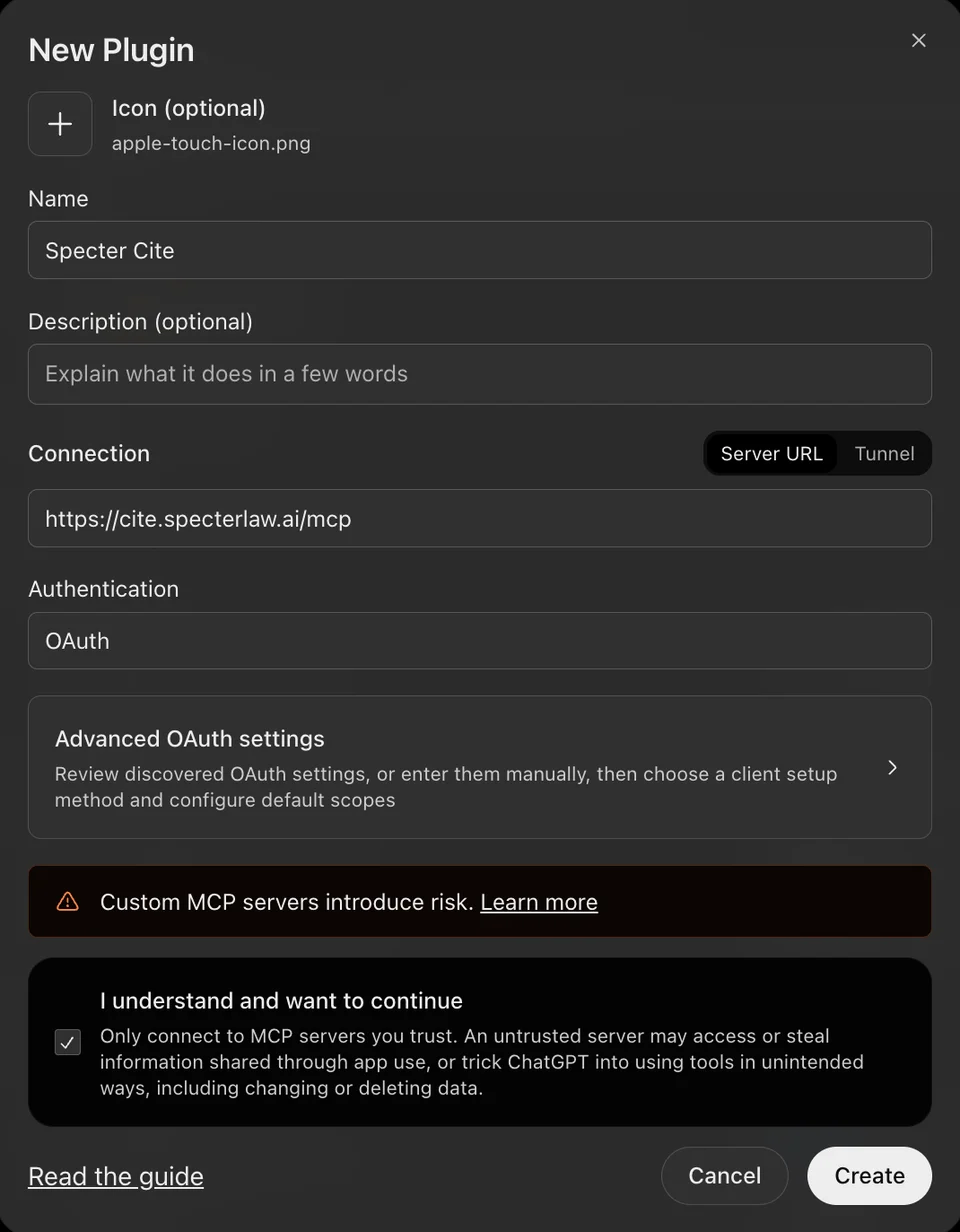 Dialog „New Plugin“ in ChatGPT: Name Specter Cite, Server URL, Authentication OAuth, Bestätigung angehakt