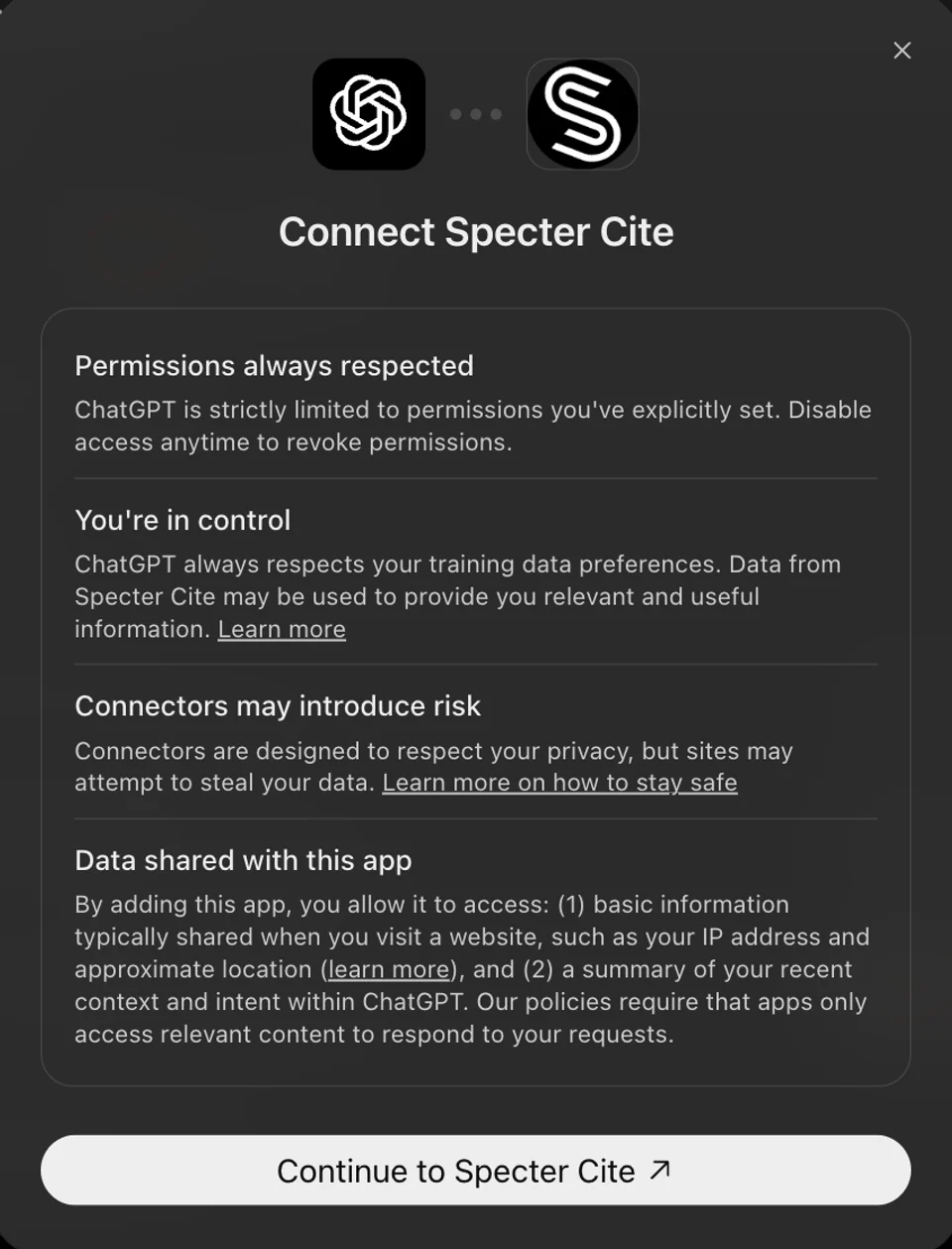 Dialog „Connect Specter Cite“ in ChatGPT mit der Schaltfläche Continue to Specter Cite