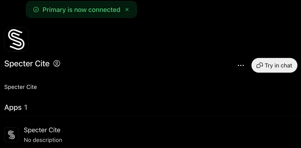 Specter Cite in ChatGPT unter Plugins, mit der Meldung „Primary is now connected“ und der Schaltfläche Try in chat