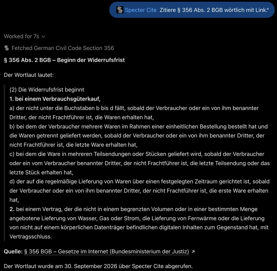 Antwort in ChatGPT: § 356 Abs. 2 BGB im Wortlaut, abgerufen über Specter Cite, mit Quelle gesetze-im-internet.de