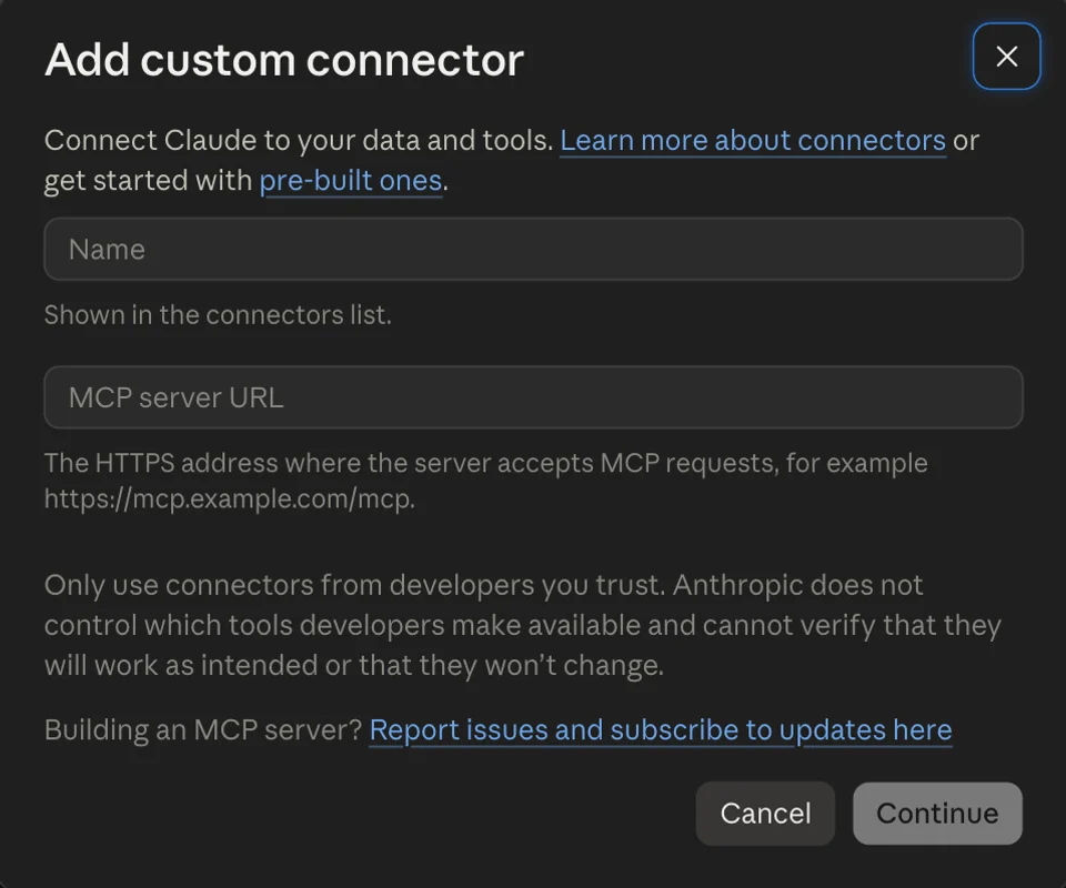 Dialog „Add custom connector“ in Claude mit den Feldern Name und MCP server URL
