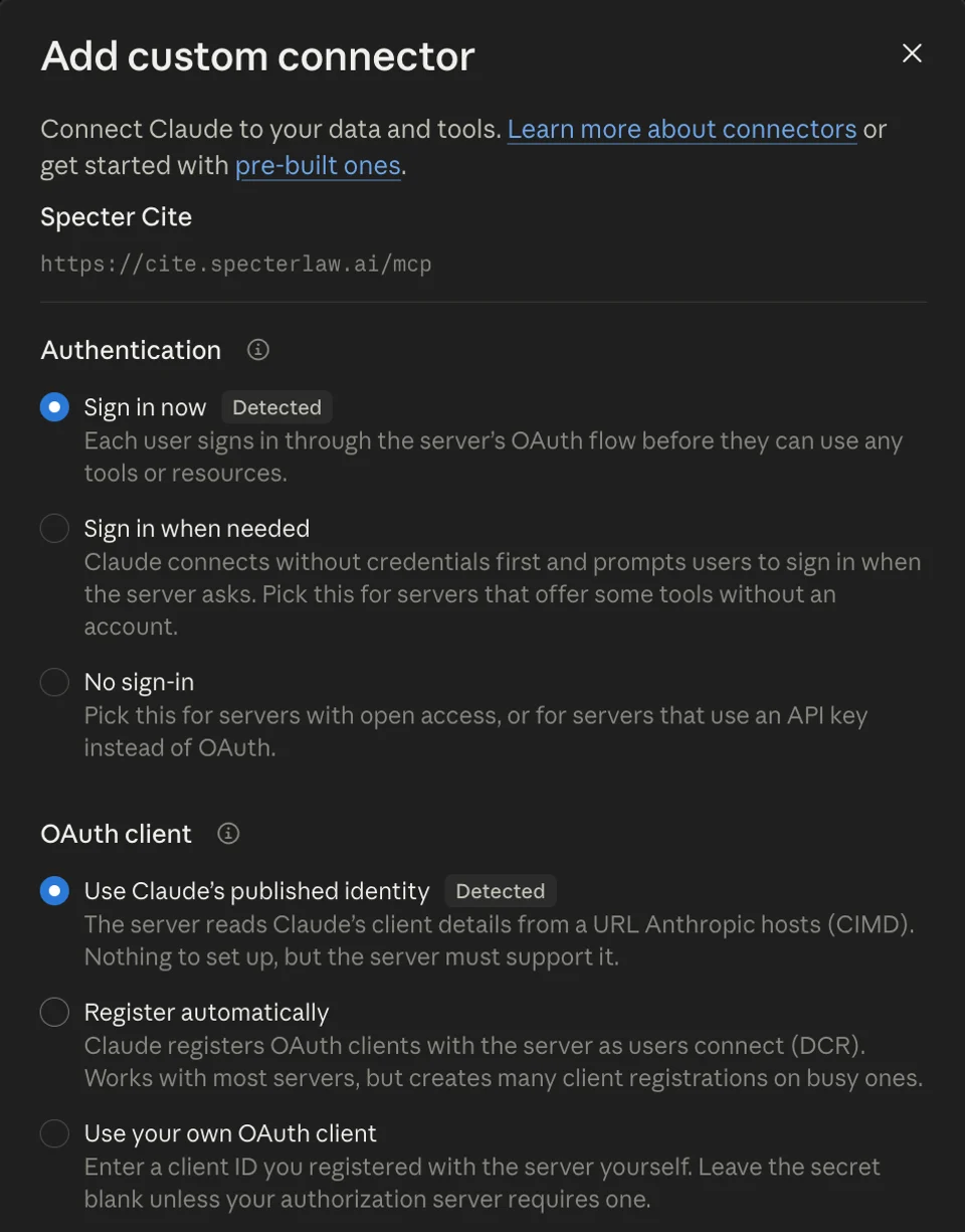 Einstellungen für Specter Cite in Claude: Sign in now und Use Claude’s published identity sind ausgewählt