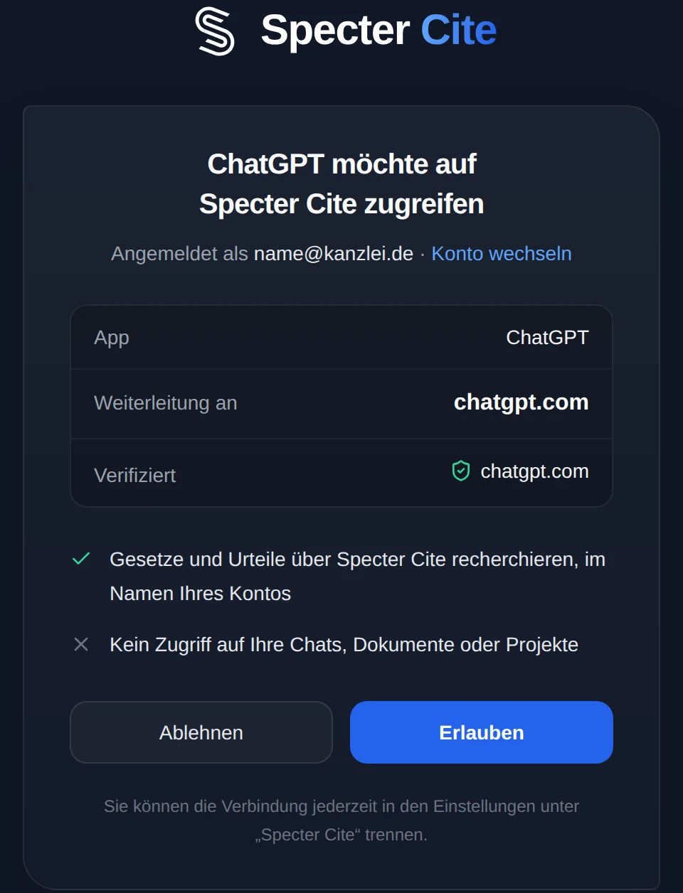Specter-Zustimmungsseite: ChatGPT möchte auf Specter Cite zugreifen, mit den Schaltflächen Ablehnen und Erlauben