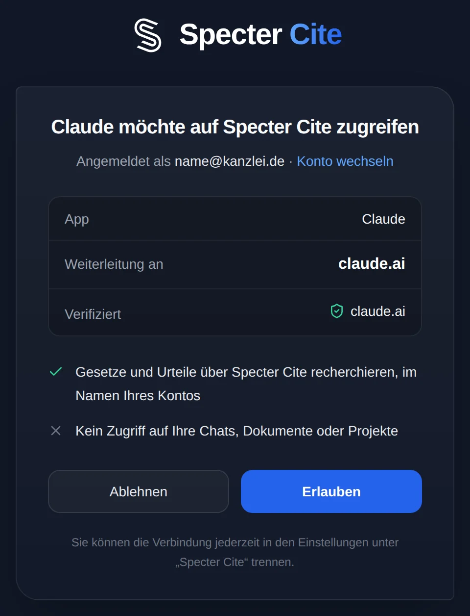 Specter-Zustimmungsseite: Claude möchte auf Specter Cite zugreifen, mit den Schaltflächen Ablehnen und Erlauben
